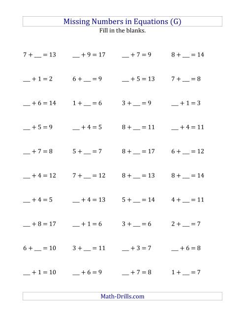 The Missing Numbers in Equations (Blanks) -- Addition (Range 1 to 9) (G) Math Worksheet