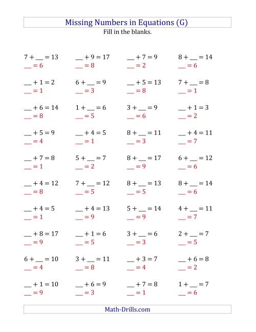 The Missing Numbers in Equations (Blanks) -- Addition (Range 1 to 9) (G) Math Worksheet Page 2