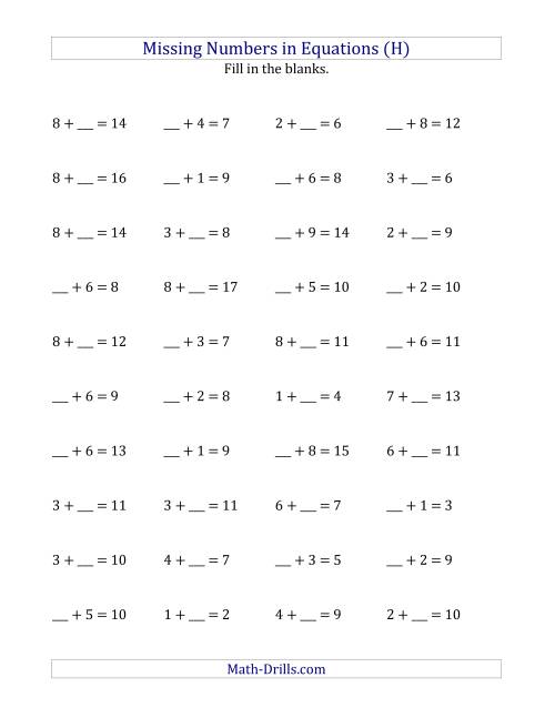 The Missing Numbers in Equations (Blanks) -- Addition (Range 1 to 9) (H) Math Worksheet