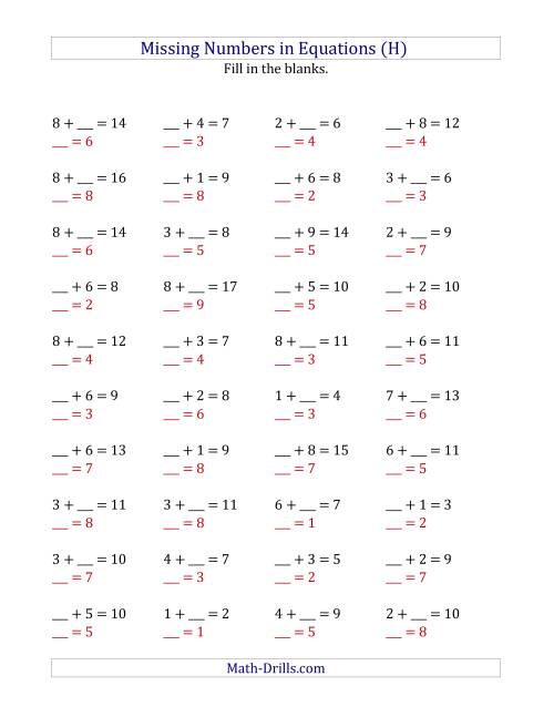 The Missing Numbers in Equations (Blanks) -- Addition (Range 1 to 9) (H) Math Worksheet Page 2