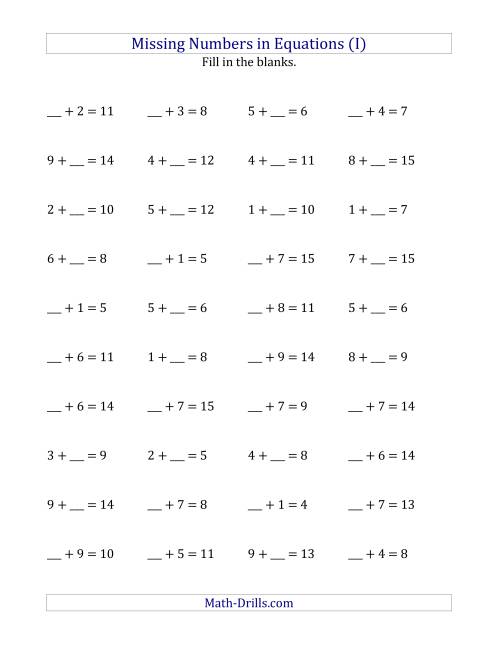 The Missing Numbers in Equations (Blanks) -- Addition (Range 1 to 9) (I) Math Worksheet