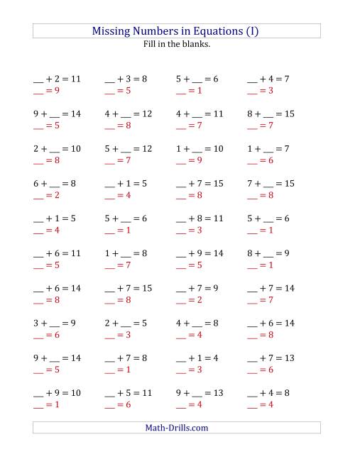 The Missing Numbers in Equations (Blanks) -- Addition (Range 1 to 9) (I) Math Worksheet Page 2