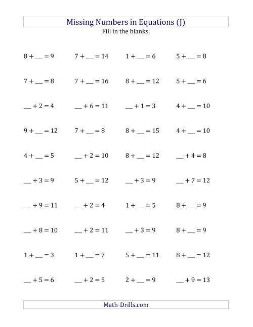 The Missing Numbers in Equations (Blanks) -- Addition (Range 1 to 9) (J) Math Worksheet