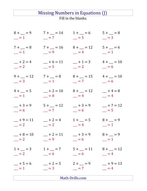 The Missing Numbers in Equations (Blanks) -- Addition (Range 1 to 9) (J) Math Worksheet Page 2