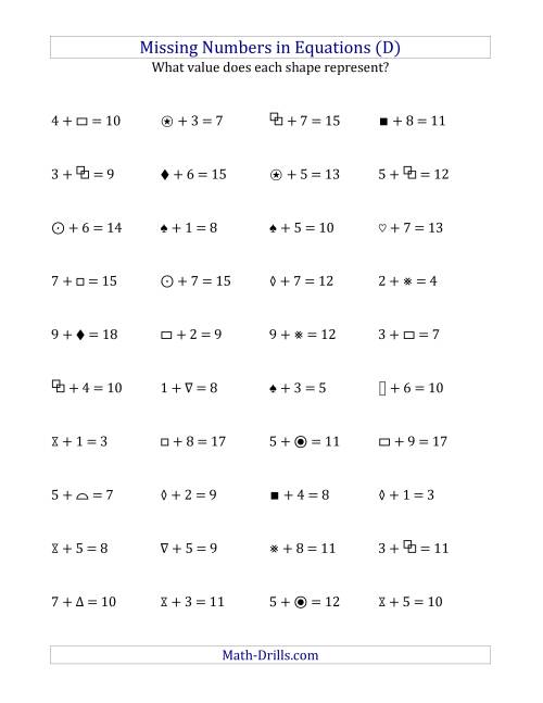 The Missing Numbers in Equations (Symbols) -- Addition (Range 1 to 9) (D) Math Worksheet