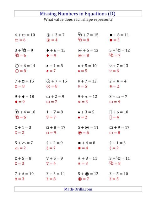 The Missing Numbers in Equations (Symbols) -- Addition (Range 1 to 9) (D) Math Worksheet Page 2