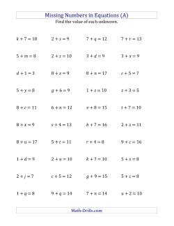 Missing Numbers in Equations (Variables) -- Addition (Range 1 to 9)