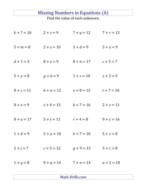 The Missing Numbers in Equations (Variables) -- Addition (Range 1 to 9) (A) Math Worksheet