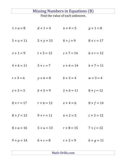 The Missing Numbers in Equations (Variables) -- Addition (Range 1 to 9) (B) Math Worksheet