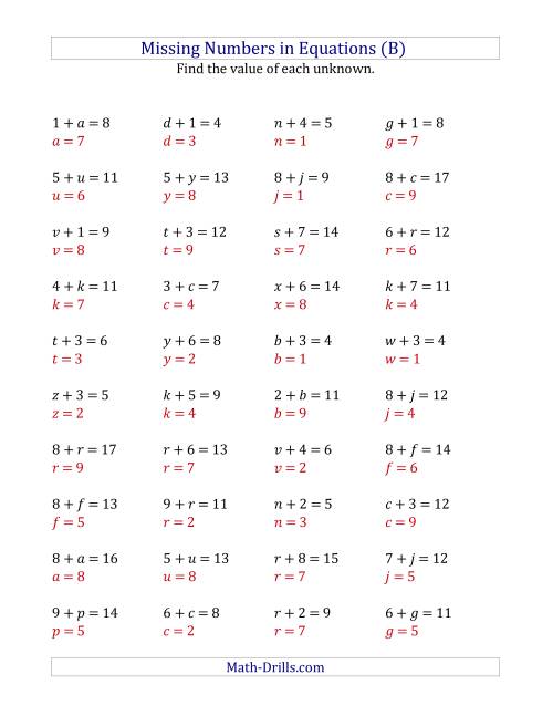 The Missing Numbers in Equations (Variables) -- Addition (Range 1 to 9) (B) Math Worksheet Page 2