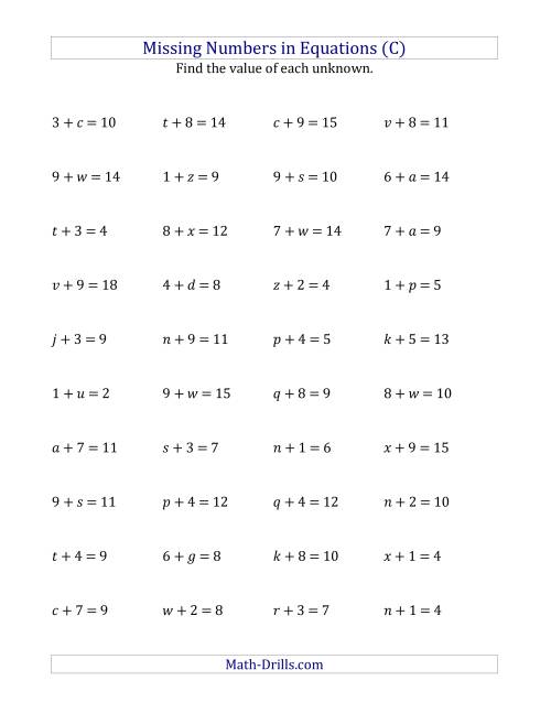 The Missing Numbers in Equations (Variables) -- Addition (Range 1 to 9) (C) Math Worksheet