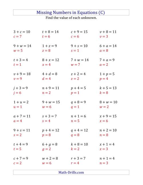 The Missing Numbers in Equations (Variables) -- Addition (Range 1 to 9) (C) Math Worksheet Page 2