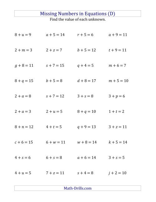 The Missing Numbers in Equations (Variables) -- Addition (Range 1 to 9) (D) Math Worksheet