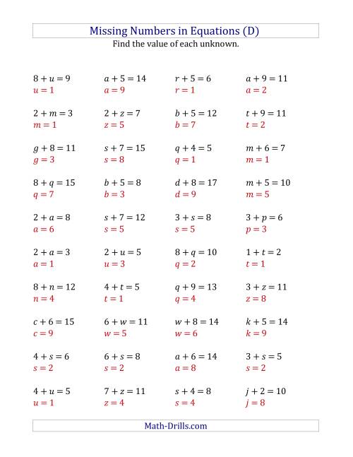 The Missing Numbers in Equations (Variables) -- Addition (Range 1 to 9) (D) Math Worksheet Page 2