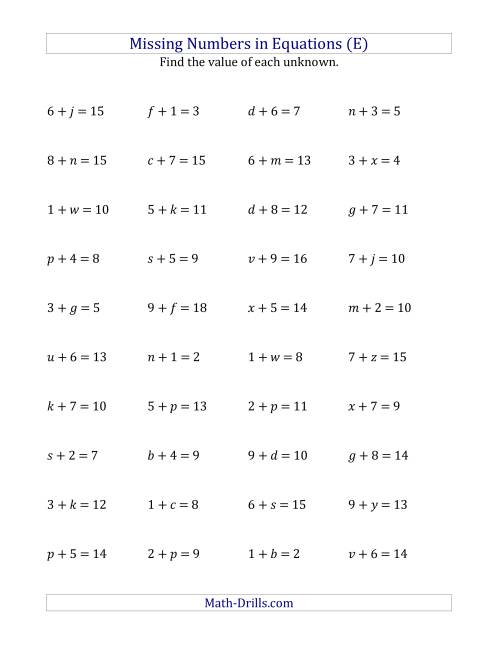 The Missing Numbers in Equations (Variables) -- Addition (Range 1 to 9) (E) Math Worksheet