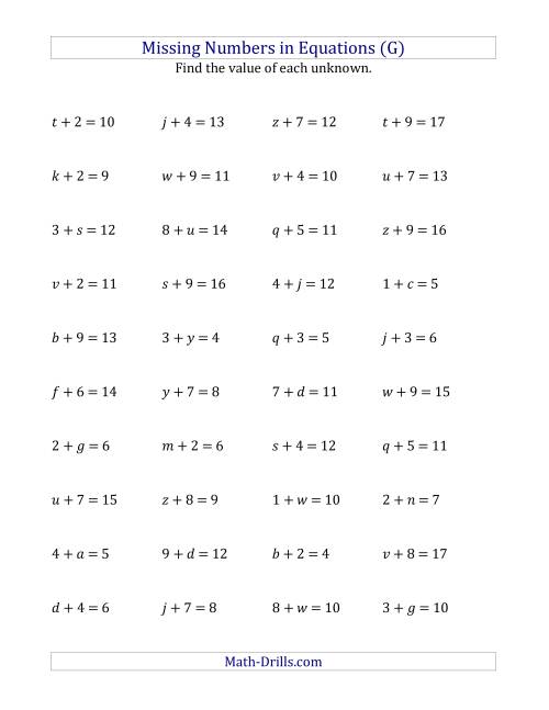 The Missing Numbers in Equations (Variables) -- Addition (Range 1 to 9) (G) Math Worksheet