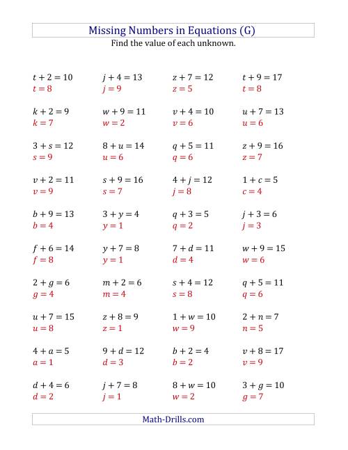 The Missing Numbers in Equations (Variables) -- Addition (Range 1 to 9) (G) Math Worksheet Page 2