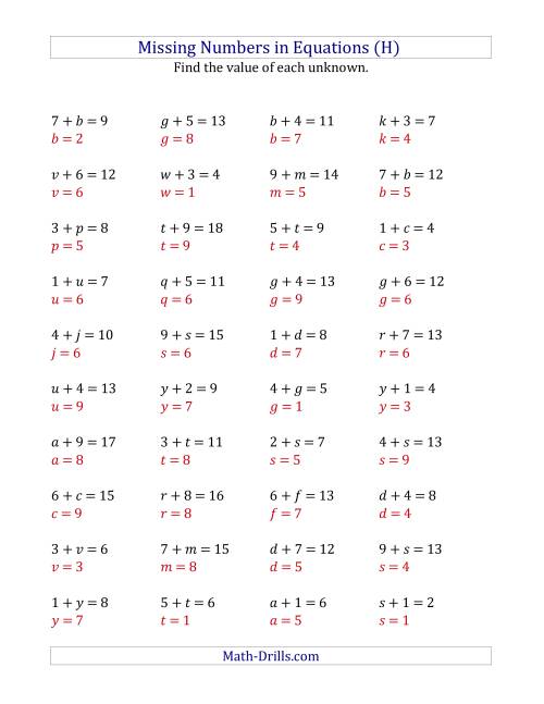 The Missing Numbers in Equations (Variables) -- Addition (Range 1 to 9) (H) Math Worksheet Page 2