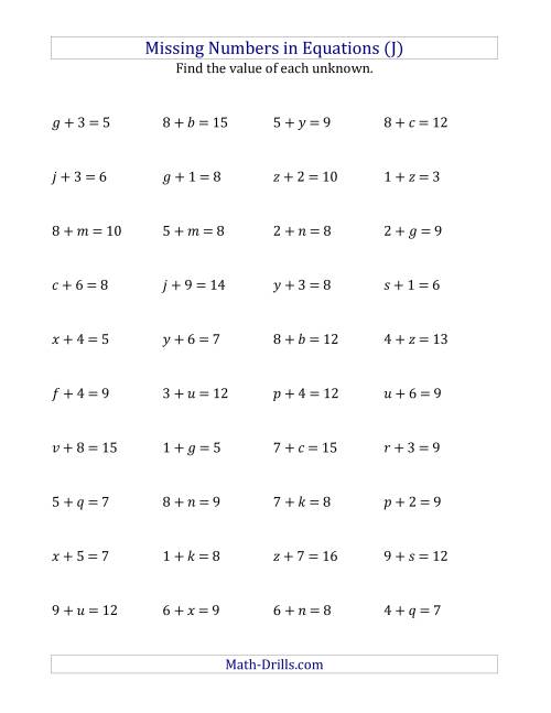 The Missing Numbers in Equations (Variables) -- Addition (Range 1 to 9) (J) Math Worksheet