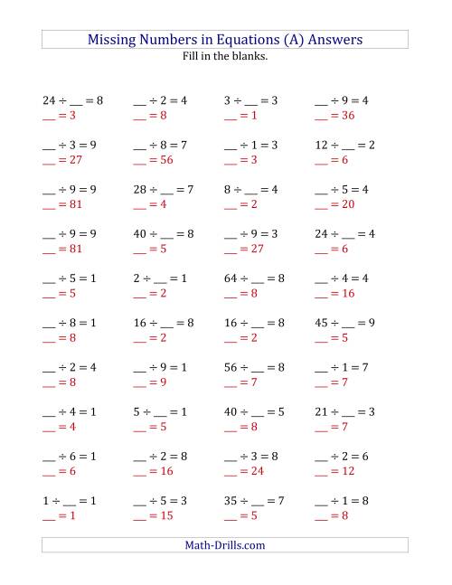 The Missing Numbers in Equations (Blanks) -- Division (Range 1 to 9) (A) Math Worksheet Page 2