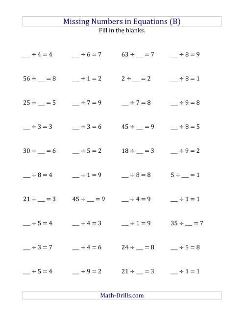 The Missing Numbers in Equations (Blanks) -- Division (Range 1 to 9) (B) Math Worksheet