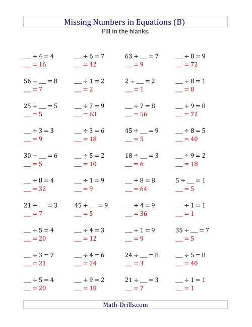 The Missing Numbers in Equations (Blanks) -- Division (Range 1 to 9) (B) Math Worksheet Page 2