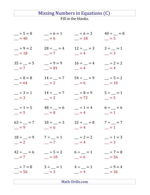 The Missing Numbers in Equations (Blanks) -- Division (Range 1 to 9) (C) Math Worksheet Page 2