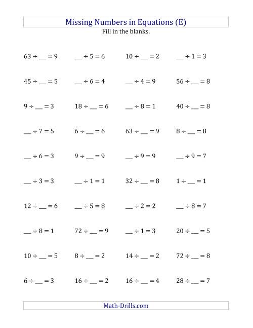 The Missing Numbers in Equations (Blanks) -- Division (Range 1 to 9) (E) Math Worksheet
