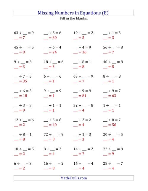 The Missing Numbers in Equations (Blanks) -- Division (Range 1 to 9) (E) Math Worksheet Page 2