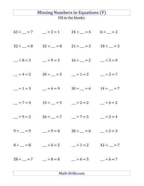 The Missing Numbers in Equations (Blanks) -- Division (Range 1 to 9) (F) Math Worksheet