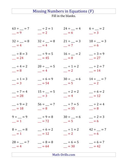 The Missing Numbers in Equations (Blanks) -- Division (Range 1 to 9) (F) Math Worksheet Page 2