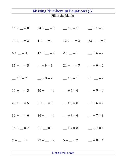 The Missing Numbers in Equations (Blanks) -- Division (Range 1 to 9) (G) Math Worksheet