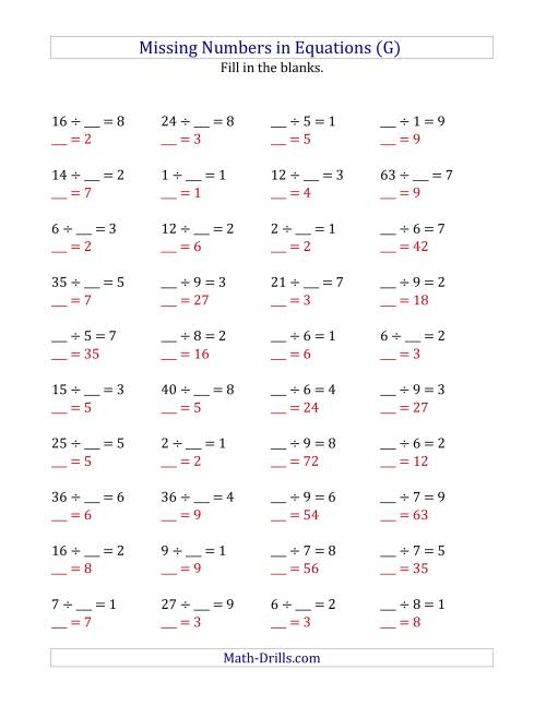 The Missing Numbers in Equations (Blanks) -- Division (Range 1 to 9) (G) Math Worksheet Page 2