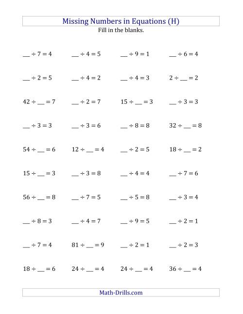 The Missing Numbers in Equations (Blanks) -- Division (Range 1 to 9) (H) Math Worksheet