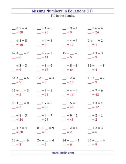 The Missing Numbers in Equations (Blanks) -- Division (Range 1 to 9) (H) Math Worksheet Page 2