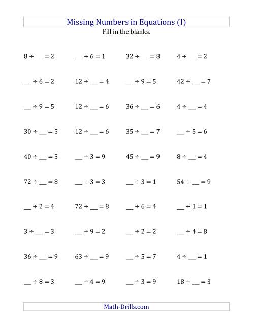 The Missing Numbers in Equations (Blanks) -- Division (Range 1 to 9) (I) Math Worksheet