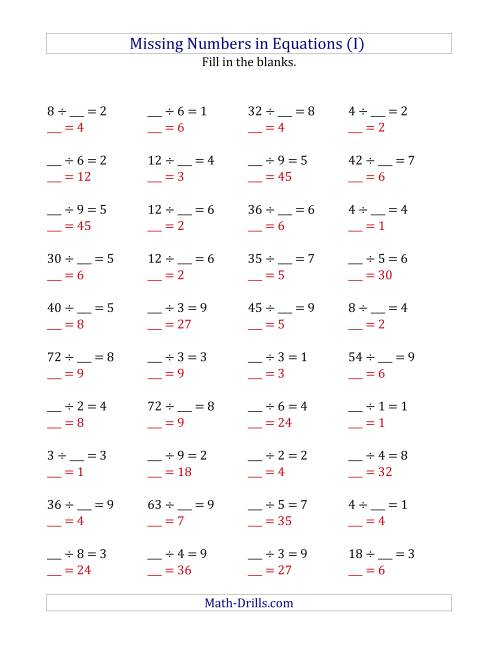 The Missing Numbers in Equations (Blanks) -- Division (Range 1 to 9) (I) Math Worksheet Page 2