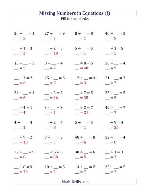 The Missing Numbers in Equations (Blanks) -- Division (Range 1 to 9) (J) Math Worksheet Page 2