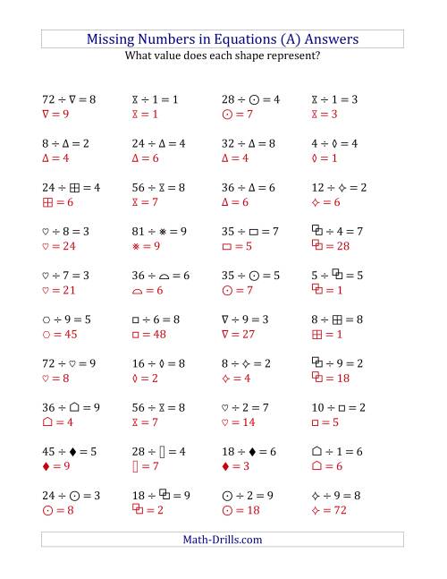 The Missing Numbers in Equations (Symbols) -- Division (Range 1 to 9) (A) Math Worksheet Page 2