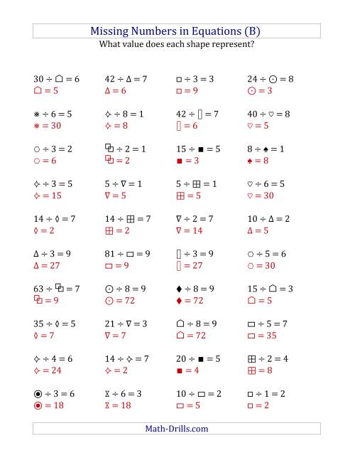The Missing Numbers in Equations (Symbols) -- Division (Range 1 to 9) (B) Math Worksheet Page 2