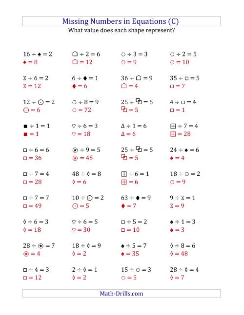 The Missing Numbers in Equations (Symbols) -- Division (Range 1 to 9) (C) Math Worksheet Page 2