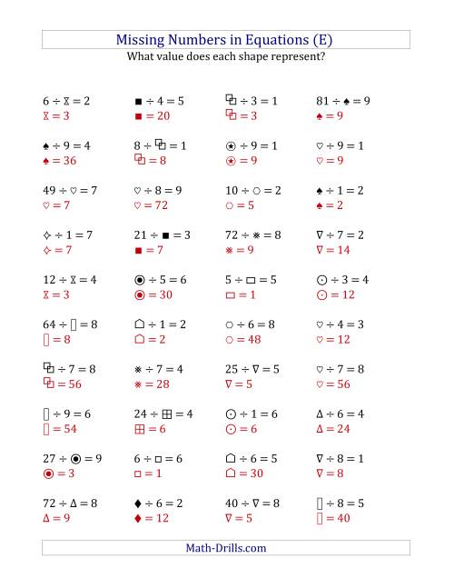 The Missing Numbers in Equations (Symbols) -- Division (Range 1 to 9) (E) Math Worksheet Page 2