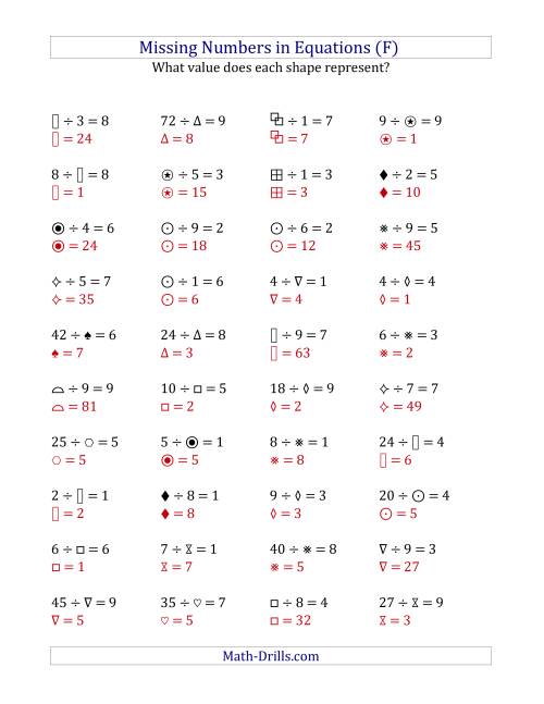 The Missing Numbers in Equations (Symbols) -- Division (Range 1 to 9) (F) Math Worksheet Page 2