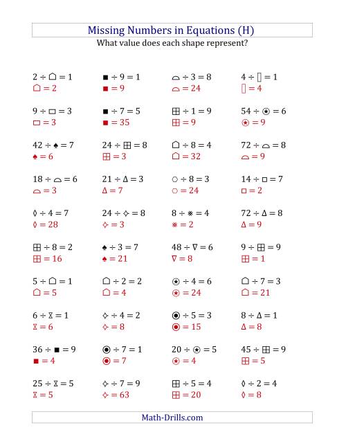 The Missing Numbers in Equations (Symbols) -- Division (Range 1 to 9) (H) Math Worksheet Page 2