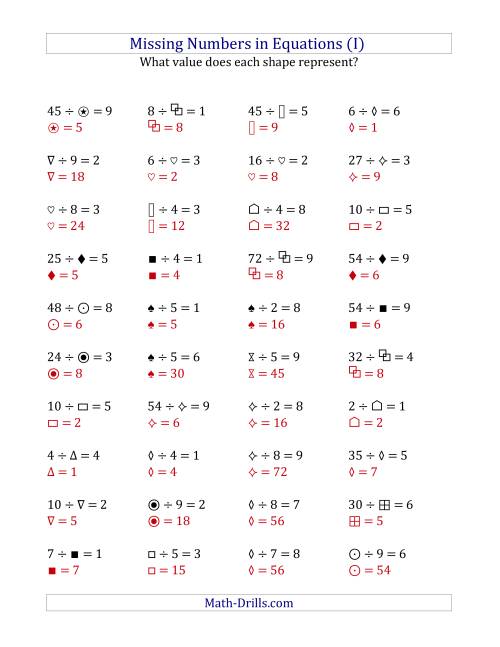 The Missing Numbers in Equations (Symbols) -- Division (Range 1 to 9) (I) Math Worksheet Page 2