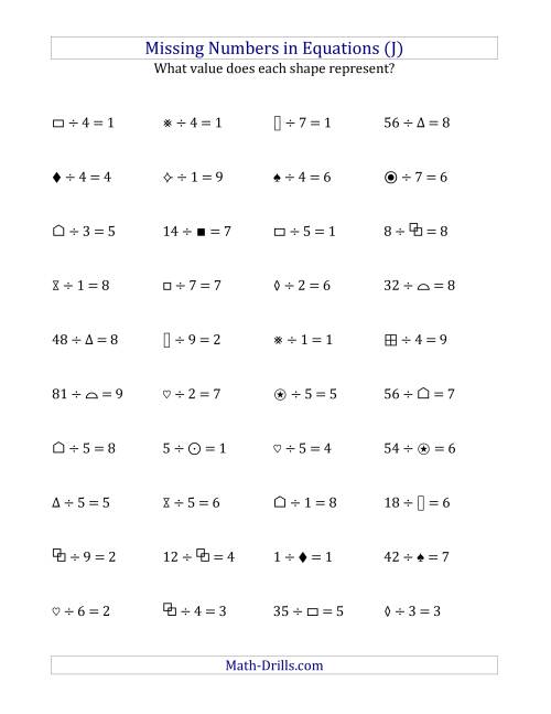 The Missing Numbers in Equations (Symbols) -- Division (Range 1 to 9) (J) Math Worksheet