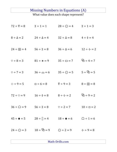 The Missing Numbers in Equations (Symbols) -- Division (Range 1 to 9) (All) Math Worksheet