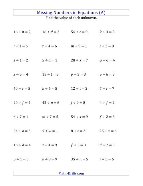 The Missing Numbers in Equations (Variables) -- Division (Range 1 to 9) (A) Math Worksheet