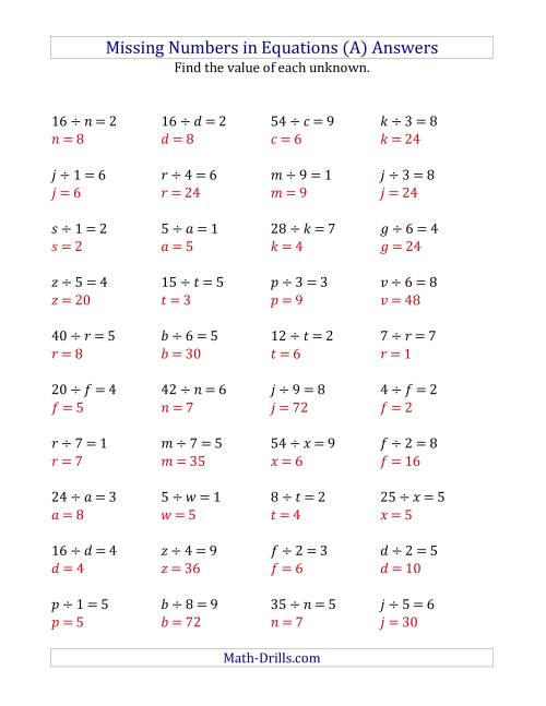The Missing Numbers in Equations (Variables) -- Division (Range 1 to 9) (A) Math Worksheet Page 2