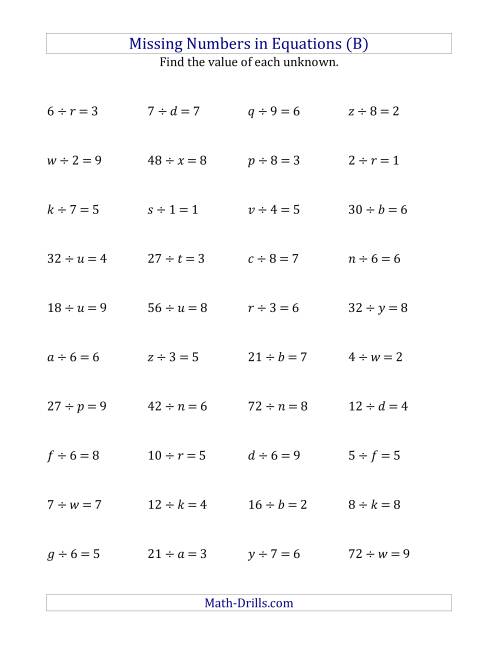 The Missing Numbers in Equations (Variables) -- Division (Range 1 to 9) (B) Math Worksheet